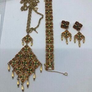 Vtg 1970 D'ORLAN enamel Egyptian revival  earrings bracelet necklace set